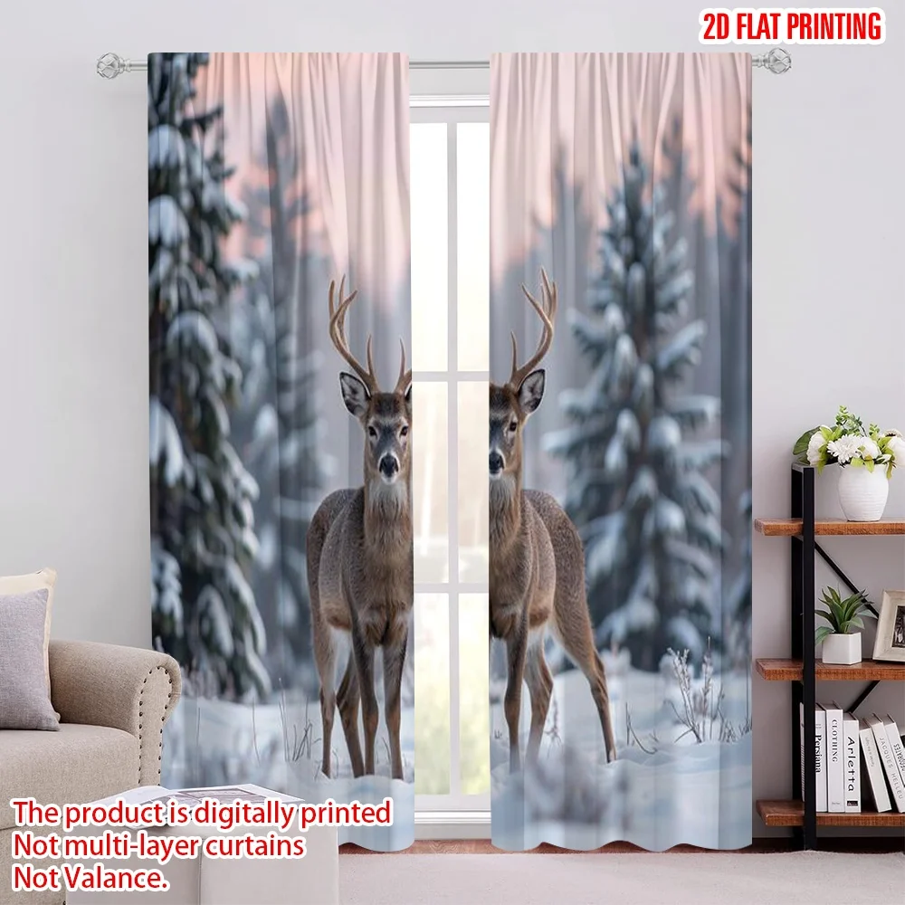 

2pcs 2D flat printing Merry Christmas Curtains Forest deer Versatile 100% Polyester Without Electricity Festive Wall Decor Use