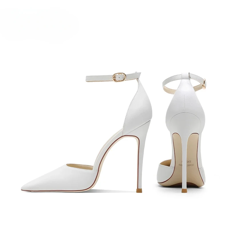 

Summer new sheepskin one line with white high heels, women's thin heels, hollow sexy strappy sandals