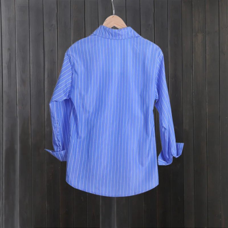 New Summer Blue Striped Shirt for Women's Suit with Long-sleeved Shirt for Outer Layered Mid-length Top
