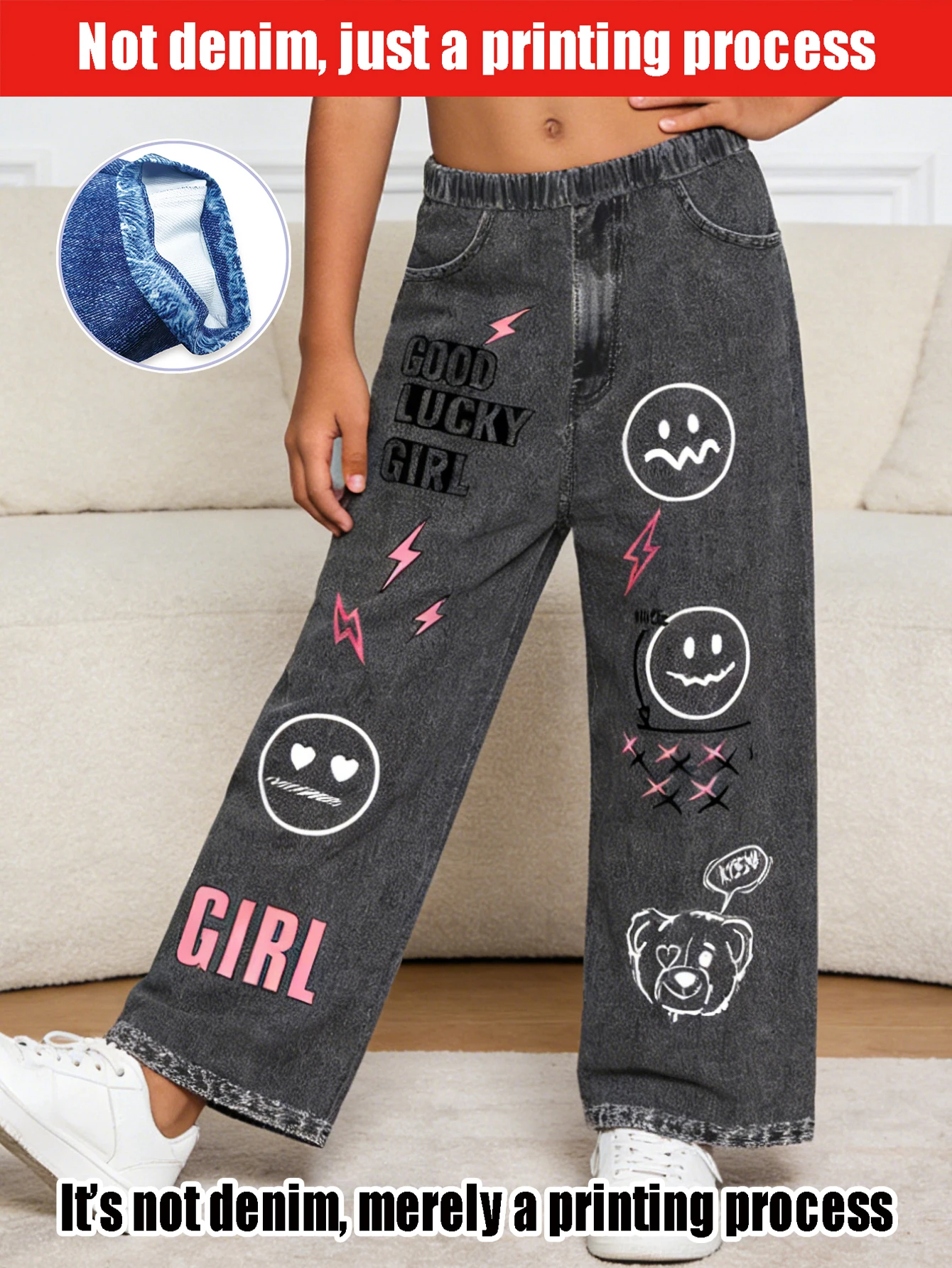 

2026 children's white hand-painted love black gray imitation jeans