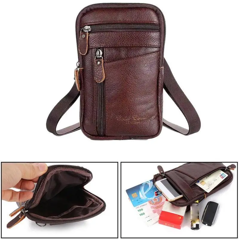 Vertical Genuine Leather Men's Phone Waist Bag Multi-Function Belt Clip Pouch with Anti-Theft Zipper Can Be Worn as Belt Bag