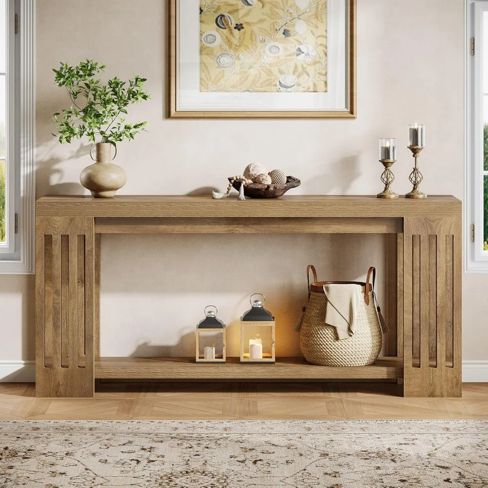 Mesa de console de entrada estilo fazenda longa de 70,9 polegadas com design de duas camadas e pernas de listra vertical