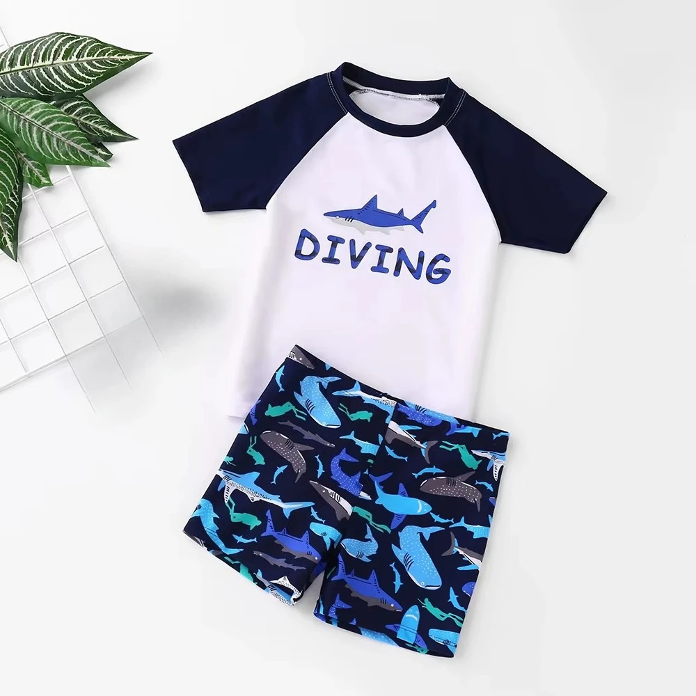 Children's Shark-Print Swimming Suit Set 2-Piece Short-Sleeved T-Shirt And Shorts Beachwear for Kids