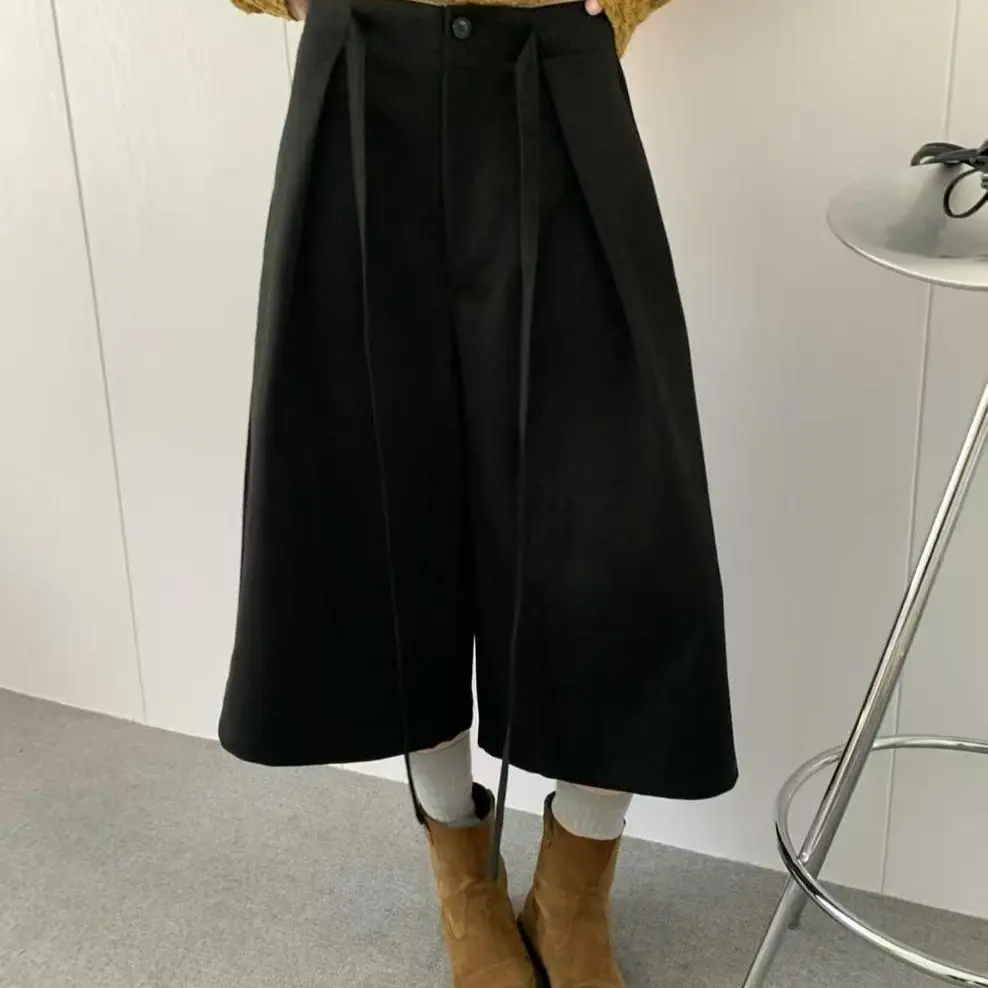 Winter black casual pants simple casual double-sided pocket wide-leg pants high-waisted micro-elastic cropped pants