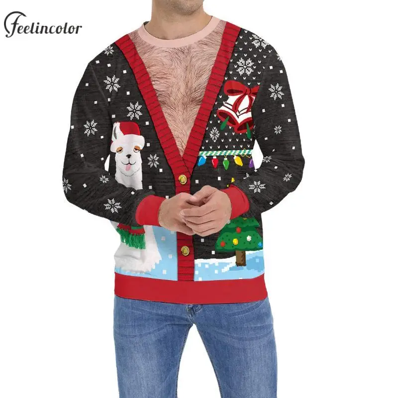 Alpaca feio moletom de natal para homens papai noel elk gráfico pulôver falso duas peças impressão 3d hoodies natal roupas de casal