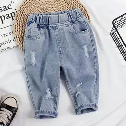 Jeans infantil solto e perfurado na moda, jeans bebê, novo, meninos e meninas de 1 a 7 anos, roupas de primavera, 2022