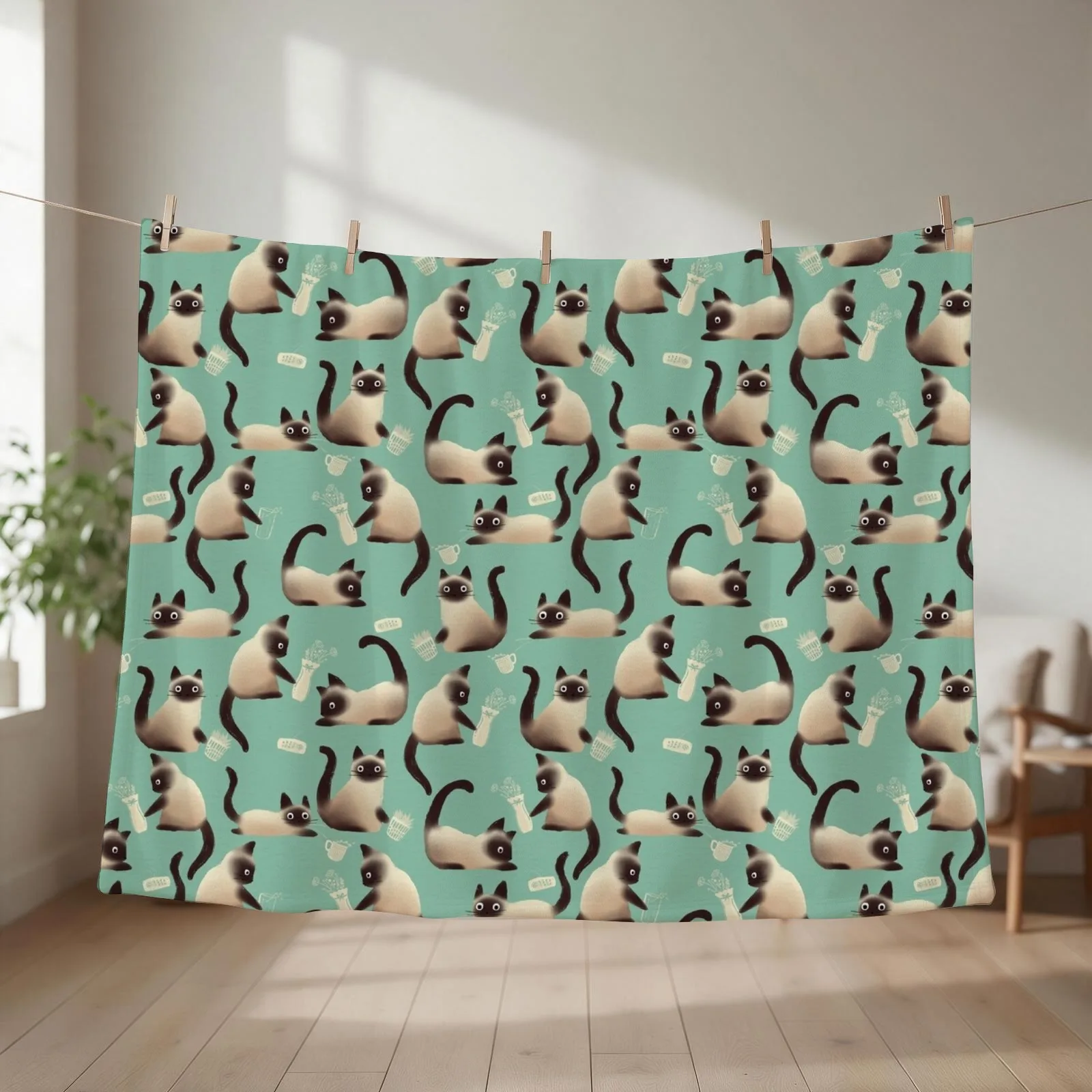 Bad Siamese Cats Knocking Stuff Over Throw Blanket couch cozy soft plush fuzzy picnic outdoor blanket