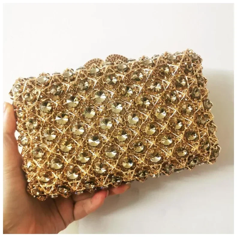 

Women Gold Champagne Crystal Evening Bags Elegant Handmade Female Clutch Purses Diamond Wedding Bridal Party Dinner Gala Handbag