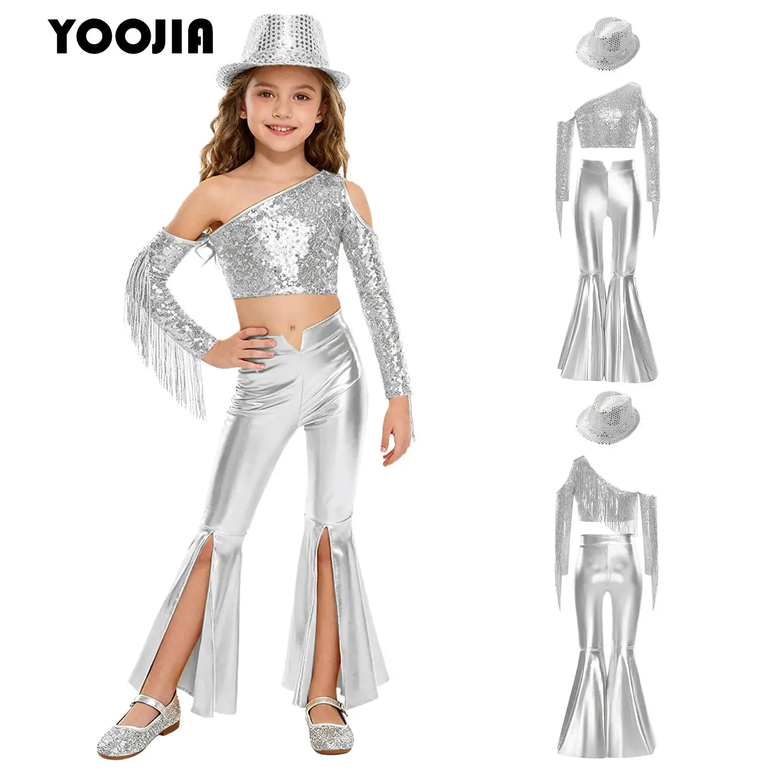 

Блестящий диско-хиппи-костюм 70-х годов для детей, комплект для джазовых танцев для девочек, укороченный топ на одно плечо с блестками и брюки-клеш + шляпа