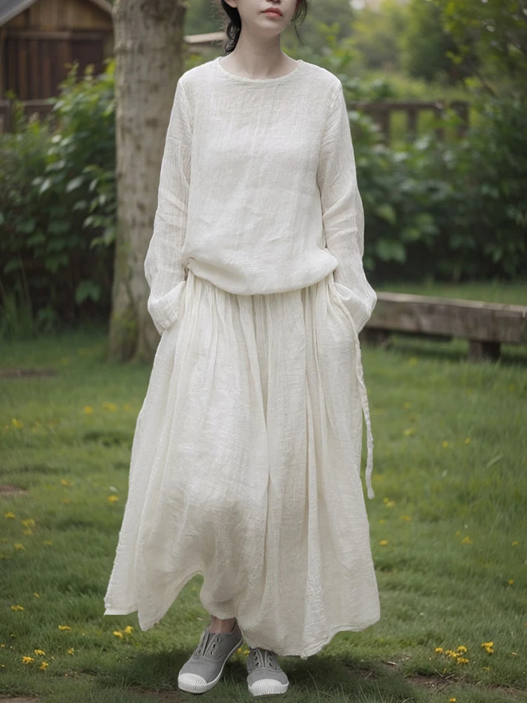 

Women Cotton Linen Long Dress New Arrival 2025 Spring Vintage Style O-neck Plain Color Loose Ladies Casual A-line Dresses M1398