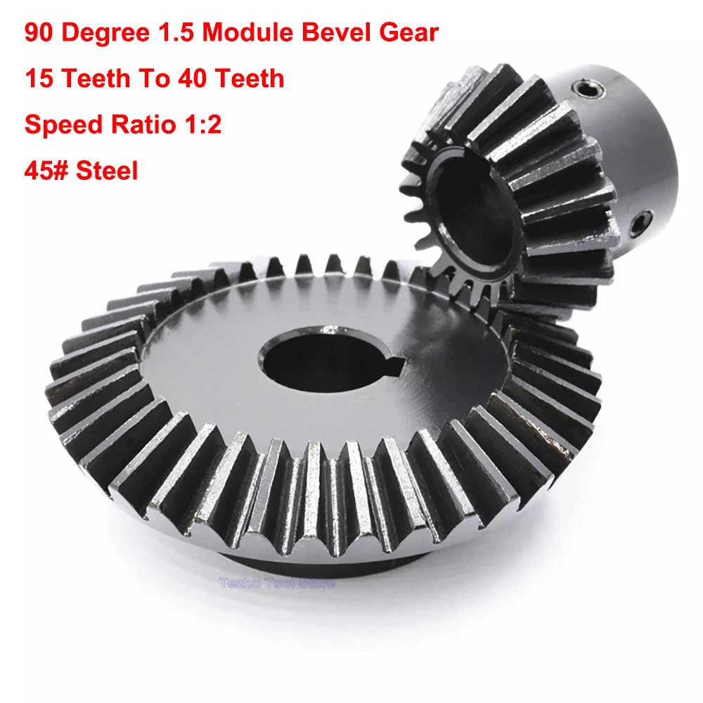 1PCS 90 Degree 1.5 Module Bevel Gear Speed Ratio 1:2 45# Steel 15 Teeth To 40 Teeth Meshing Angle Gear Bore 6mm-20mm