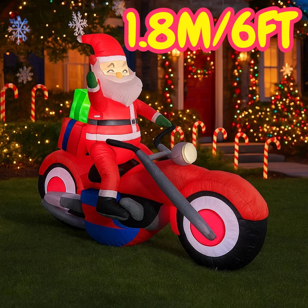 6FT Christmas Decorations Inflatable Santa Claus Motorcycle Toys Home Yard Ornaments with LED Decor Christmas Outdoor Decor Toy