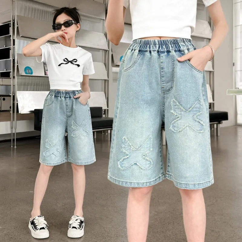 New 2025 Girls Summer Casual Thin Denim Shorts Korean Fashion Ripped Cropped Pants Children Clothing 5-12 Years