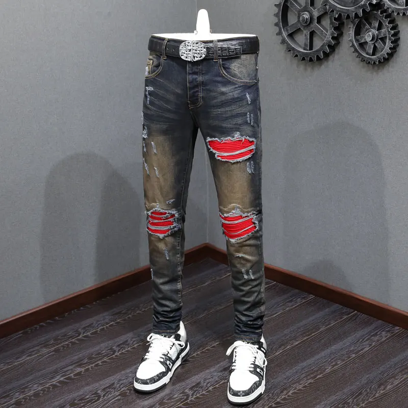

Street Fashion Men Jeans Retro Black Blue Stretch Skinny Fit Ripped Jeans Men Red Patched Designer Hip Hop Brand Pants Hombre