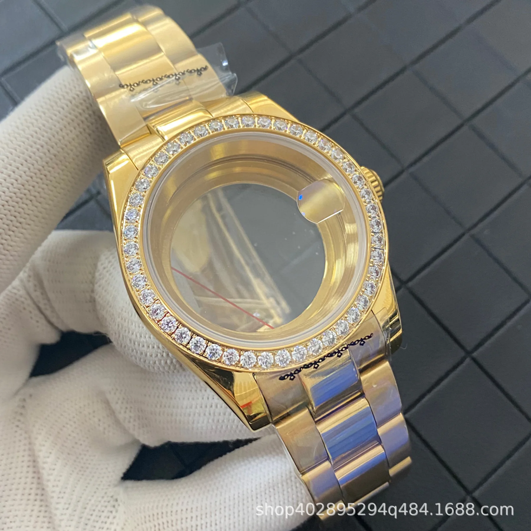 39mm Gold Stone Inlaid Stainless Steel Watch Case With Bracelet For Oyster Perpetual Style Fit NH35 NH36 Movement Watch Mod Part
