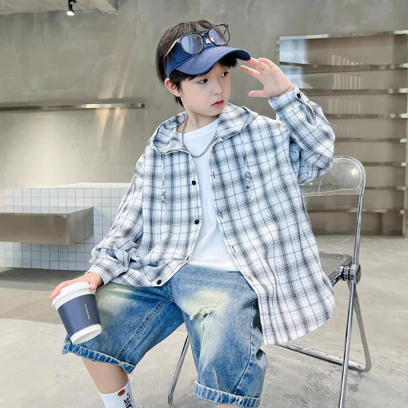 

2026 Four Seasons Children's Personalized Handsome Checkered Design Hooded Sunscreen Thin Coat