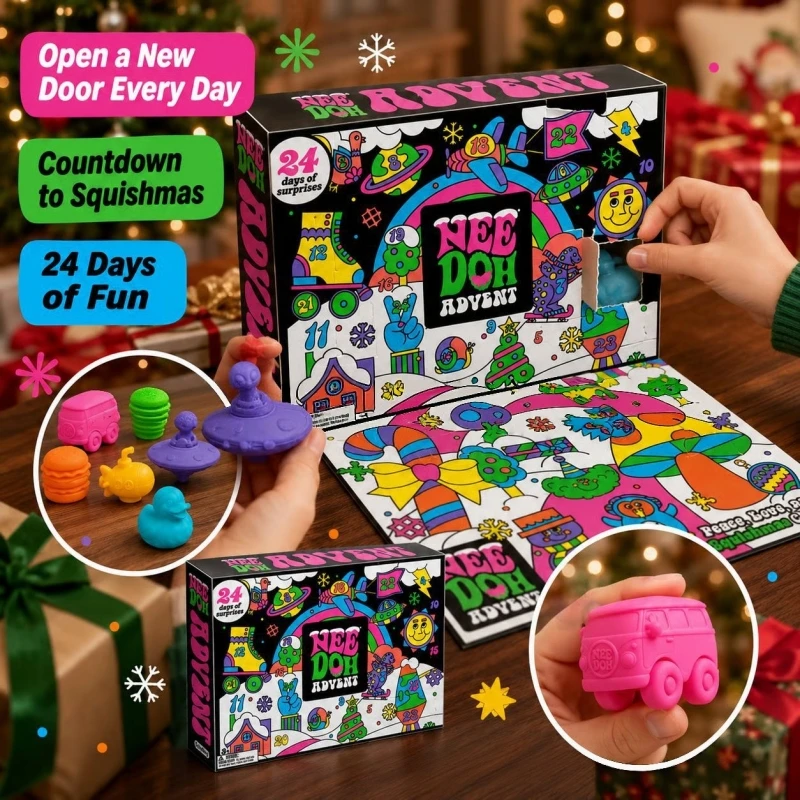 NeeDoh 24Pcs Christmas  Advent Calendar Unique Cute Squishy Fidget Toy Slow Rebound Anxiety Relief Mystery Surprise Gift Box