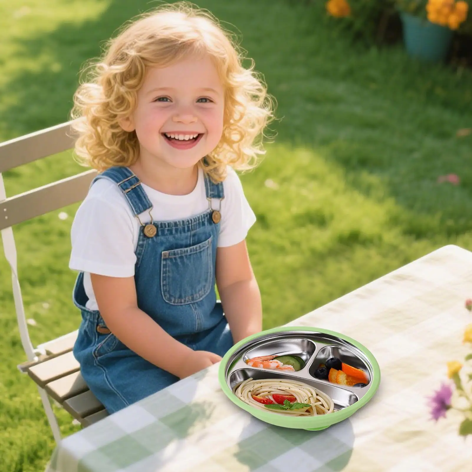 

Stainless Steel Kids Plates Divided Plates With Silicone Suction Fall Resistant Kid Feeding Bowl For Carrying Out Kindergarten