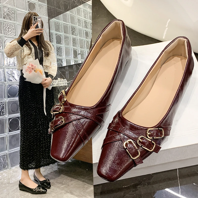 

2025 New Women's Flat Shoes Spring New Square Head Shallow Mouth Soft Sole Anti-slip Wear-resistant Single Shoes Женская Обувь