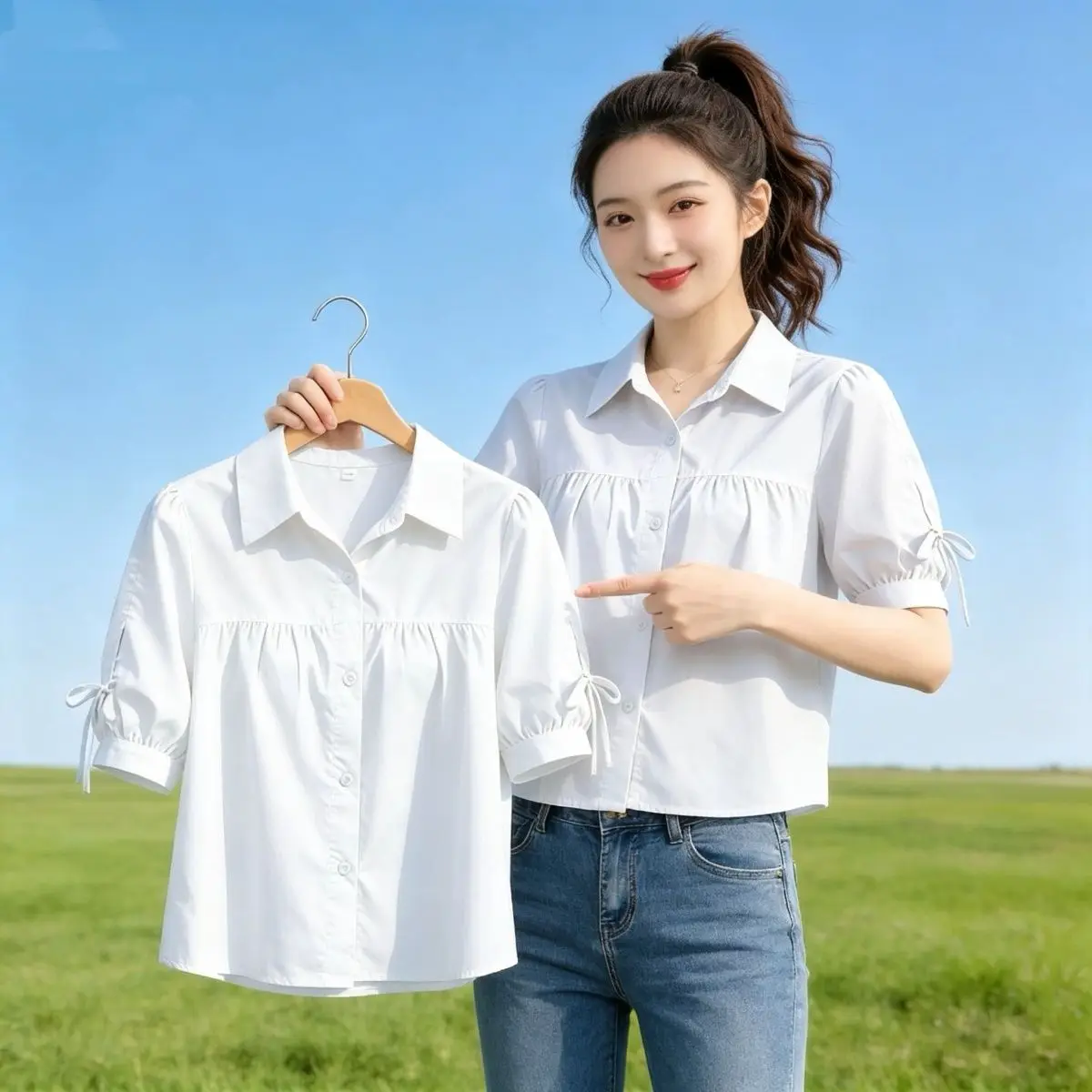 Fashionable Thin Short Sleeve Shirt for Small Stature Women  Knot Loose Fit Summer New Style Top  Collar Other M...