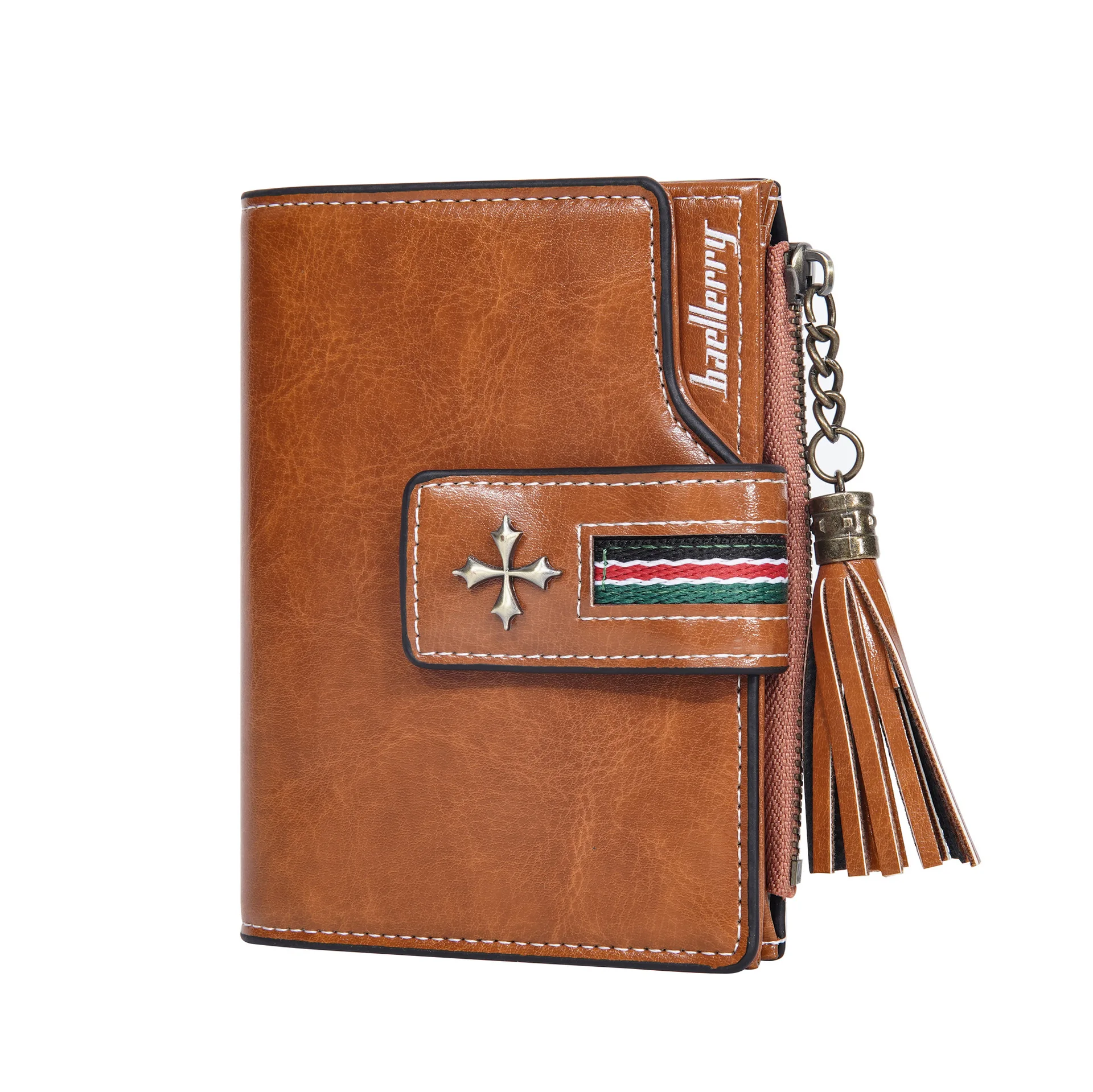 Neue PU-Damenbrieftasche mit Ölwachs-Lederquasten, Modische Dreifach Gefaltete Kurze Geldbörse, Mehrfach-Fach Reißverschluss-Münzbörse – Detail 18