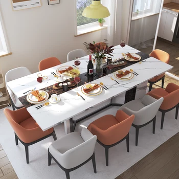 Image 71In Large Rectangular White Dining Table for 4 5 6 8 10 People, Family Dinner Table w/Marble Color, Wood Tabletop, Metal Leg