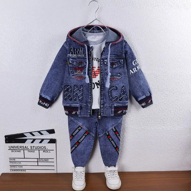 Children Clothes Boy Denim Clothing Sets 2024 Autumn New Fashion Hooded Letters Print 2pcs Jacket & Jeans Suits Top Quality