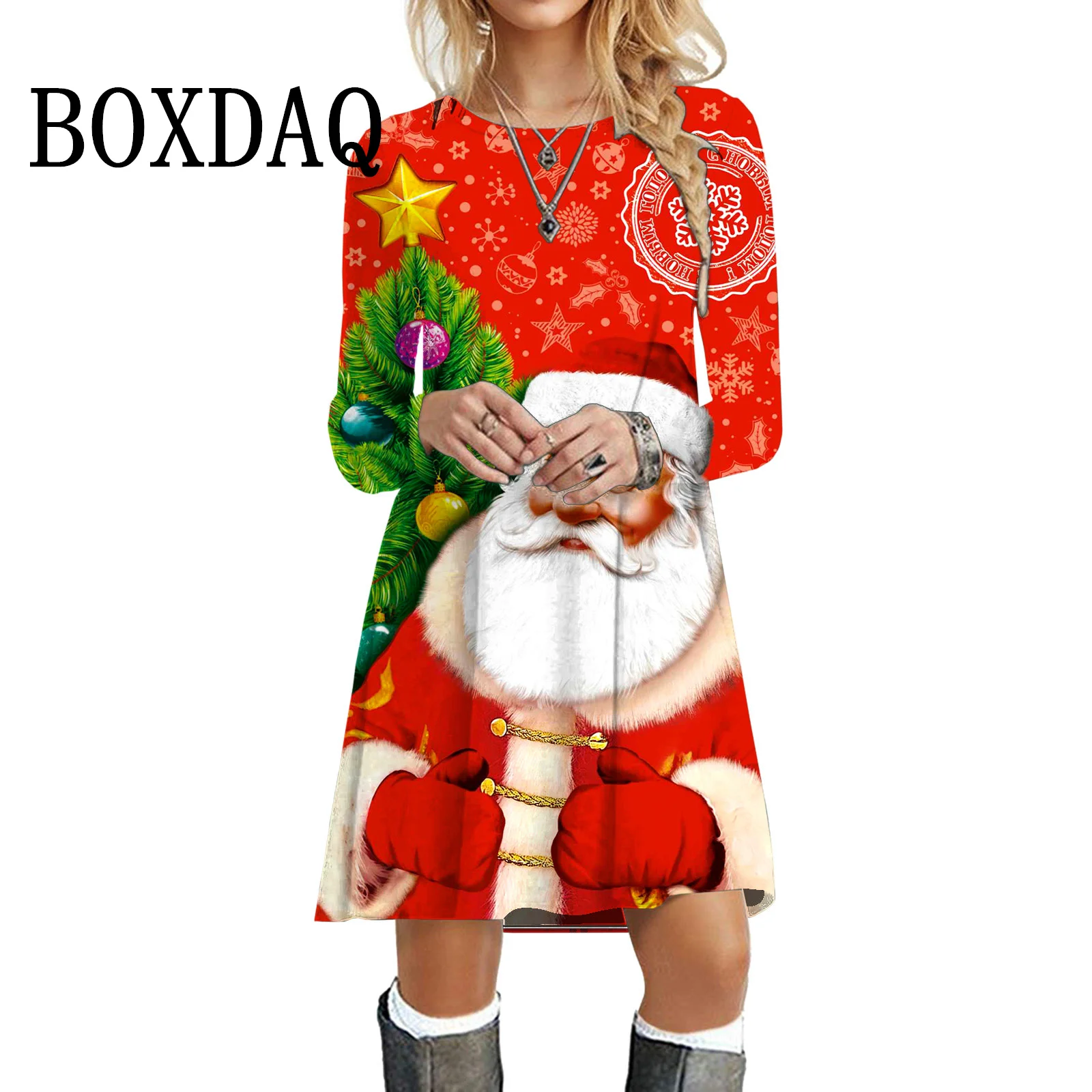 2023 Winter Christmas Dress Long Sleeve Pullover Women Sweet Cute Party Dress Casual 3D Santa Claus Print Mini Dress Oversized