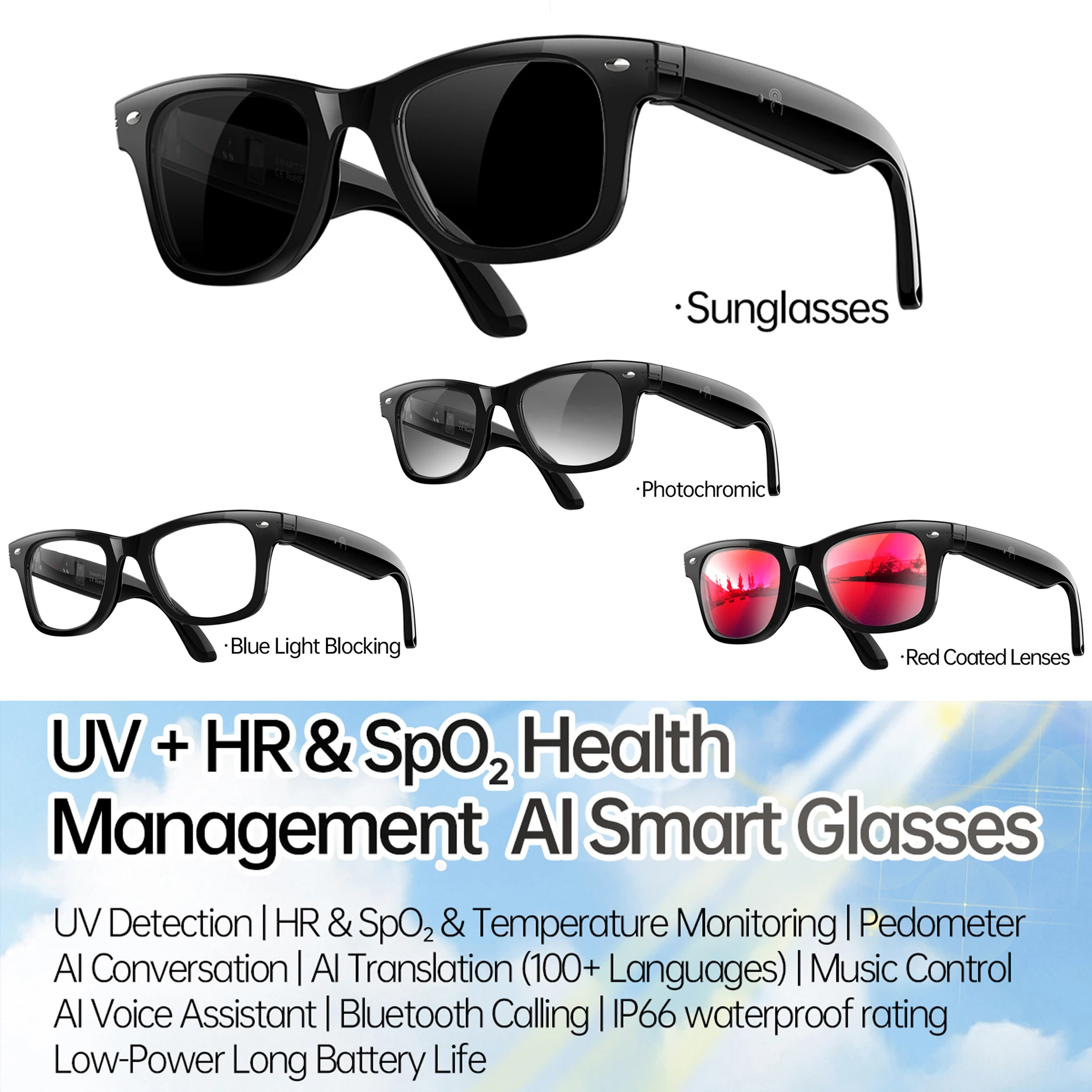 Nuovi occhiali intelligenti AI Frequenza cardiaca Ossigeno nel sangue Monitoraggio della temperatura Occhiali da sole per traduzione Chiamata Bluetooth Occhiali da vista per musica