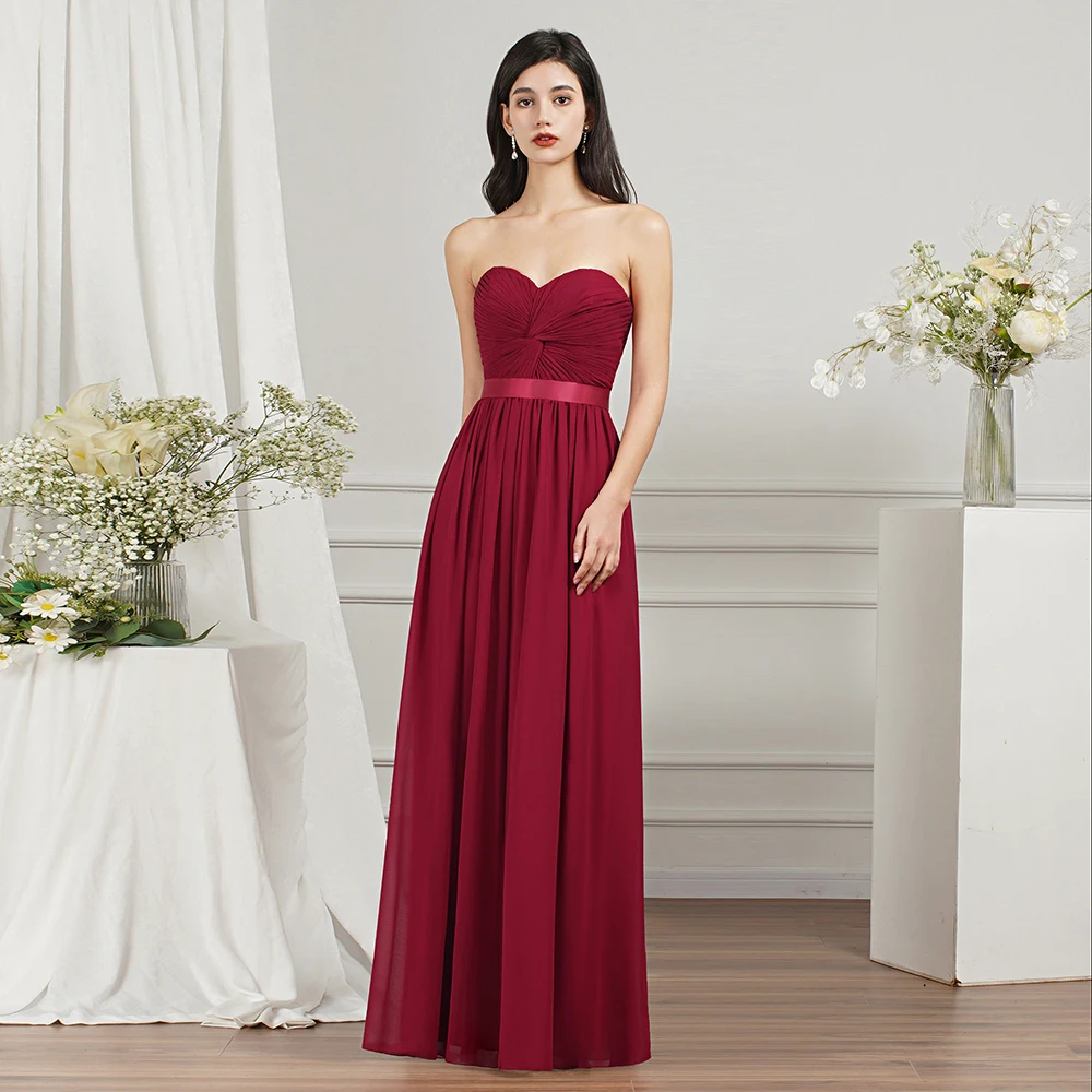 Strapless Chiffon Bridesmaid Dress For Wedding Party Summer Beach Ruched Backless A Line Women Burgundy Maid Of Honor Dresses