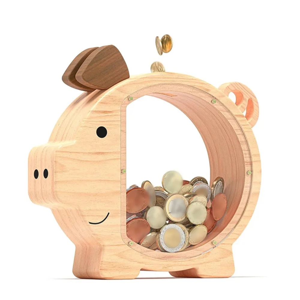 

Unbreakable Wooden Piggy Bank Cute Pig Shape Transparent Saving Money Jar Large Capacity Reusable Clear Change Box