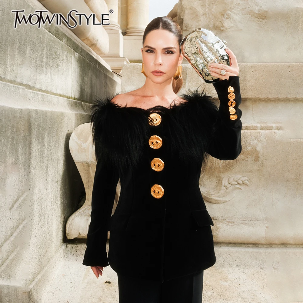 

TWOTWINSTYLE, однотонные элегантные блейзеры на пуговицах для женщин, туника с разрезом на шее и длинными рукавами, лоскутный блейзер с меховым воротником, женский