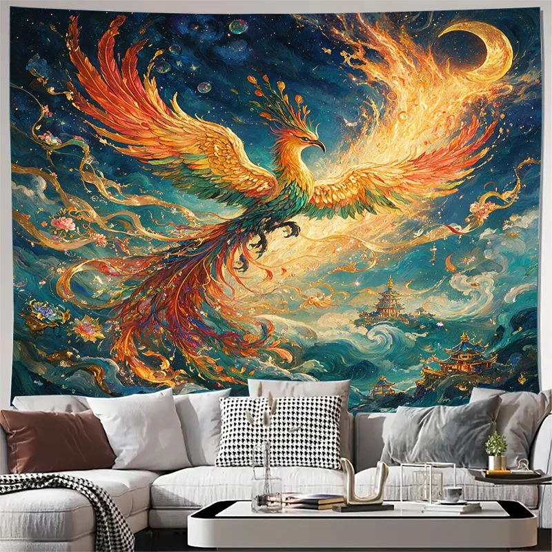 Majestic Phoenix Flying Art Curtain Oriental Chinese Mythology Window Drapery Celestial Dreamy Style Decor Light Filtering Home