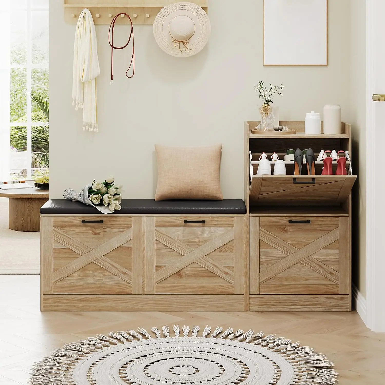 Shoe Storage Bench 4 Flip Drawers Padded Seat Wooden Narrow Hidden Cabinet Organizer Hallway Entryway, Customized
