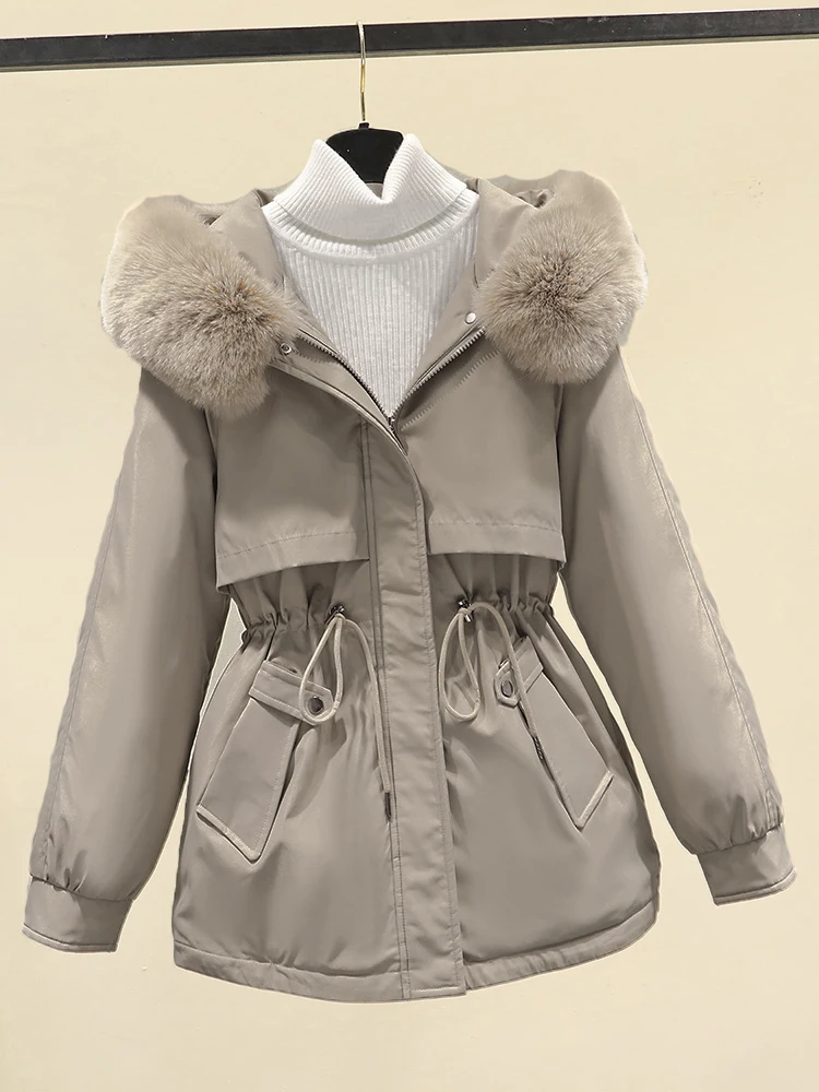 معطف نسائي دافئ للخريف من الكتان بتصميم عصري وبدون ياقة مع سحاب للإغلاق