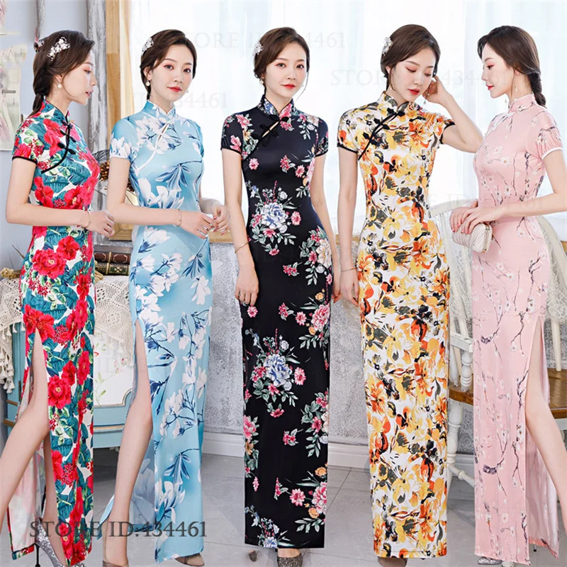 

Сексуальное платье-ципао с цветочным принтом, элегантное традиционное китайское платье, винтажное длинное вечернее платье для вечеринок, большие размеры 3XL-6XL