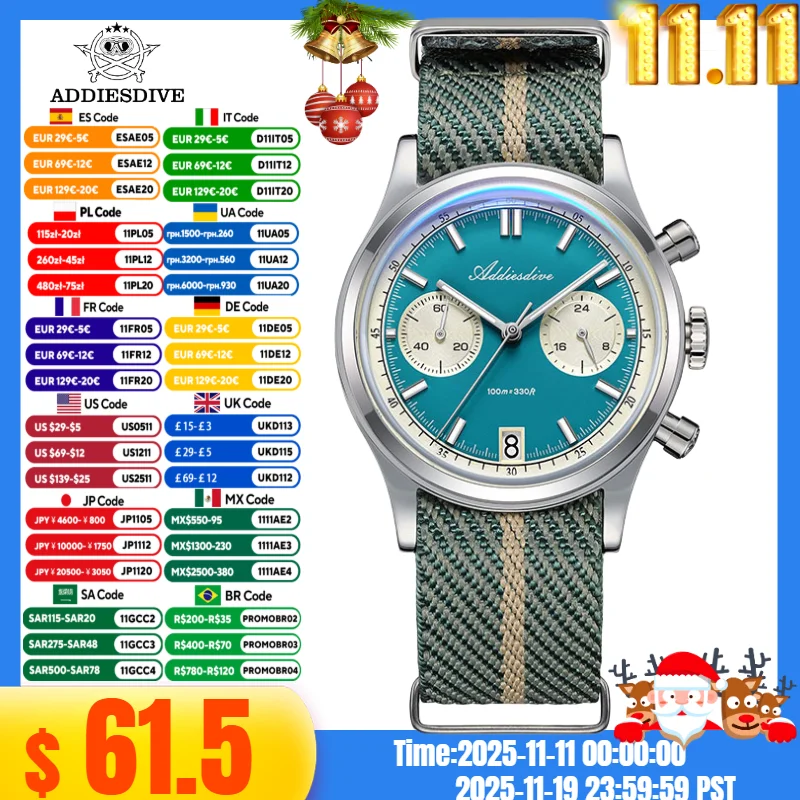 

ADDIESDIVE 2025 New Men‘s Watch Bubble Mirror Glass 316L Steel BGW9 Blue Luminous 10Bar Waterproof Chronograph VK64 Quartz Watch