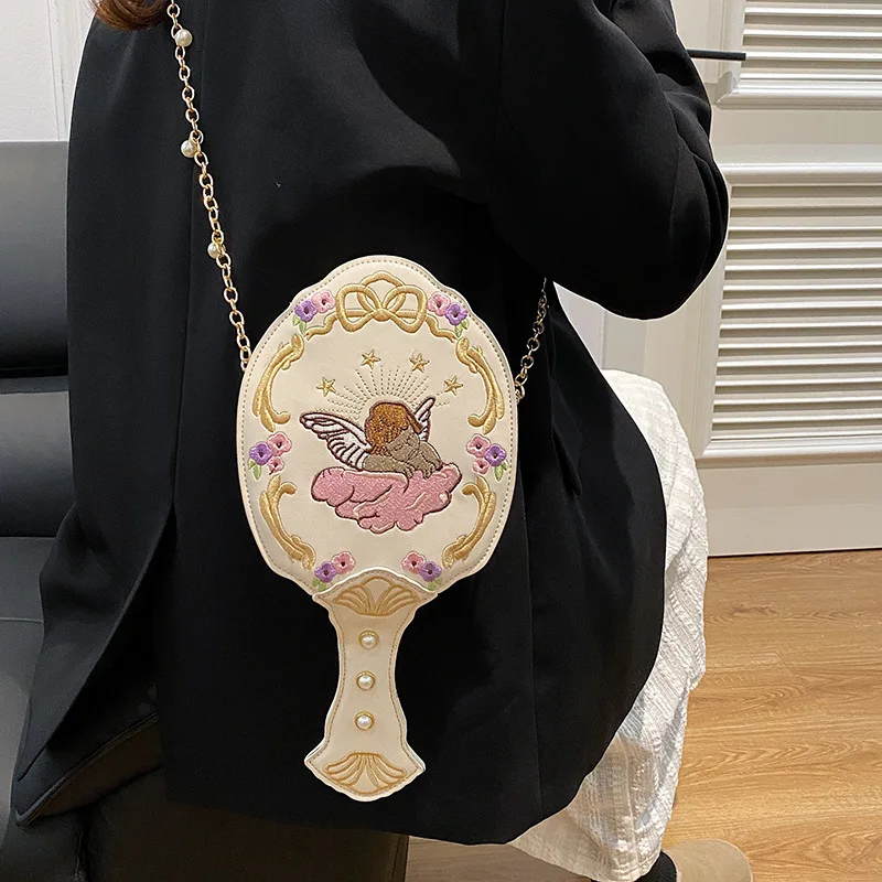 

Креативная зеркальная сумка через плечо для женщин, жемчужная цепочка, сумка на плечо, забавные милые маленькие женские кошельки с вышивкой ангела 2025