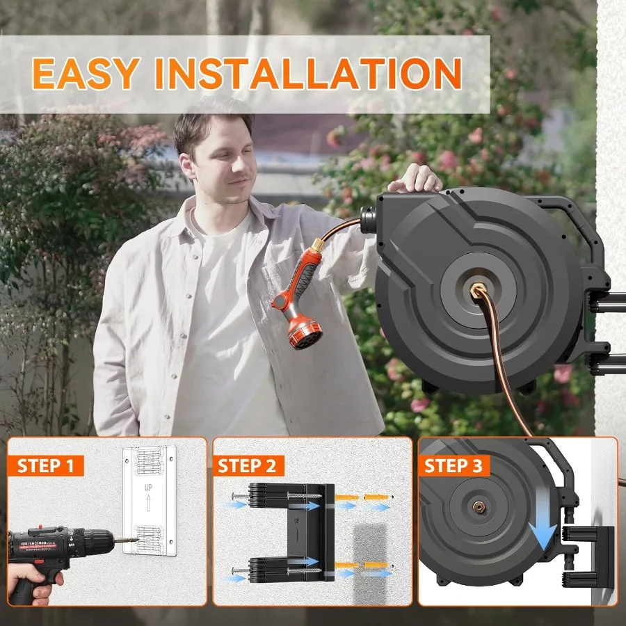 格納式ガーデンホースリール 1/2インチ x 130フィート 壁掛け式ヘビーデューティーホースリール 3/4インチ真鍮製継手付き 9パターンノズル付き