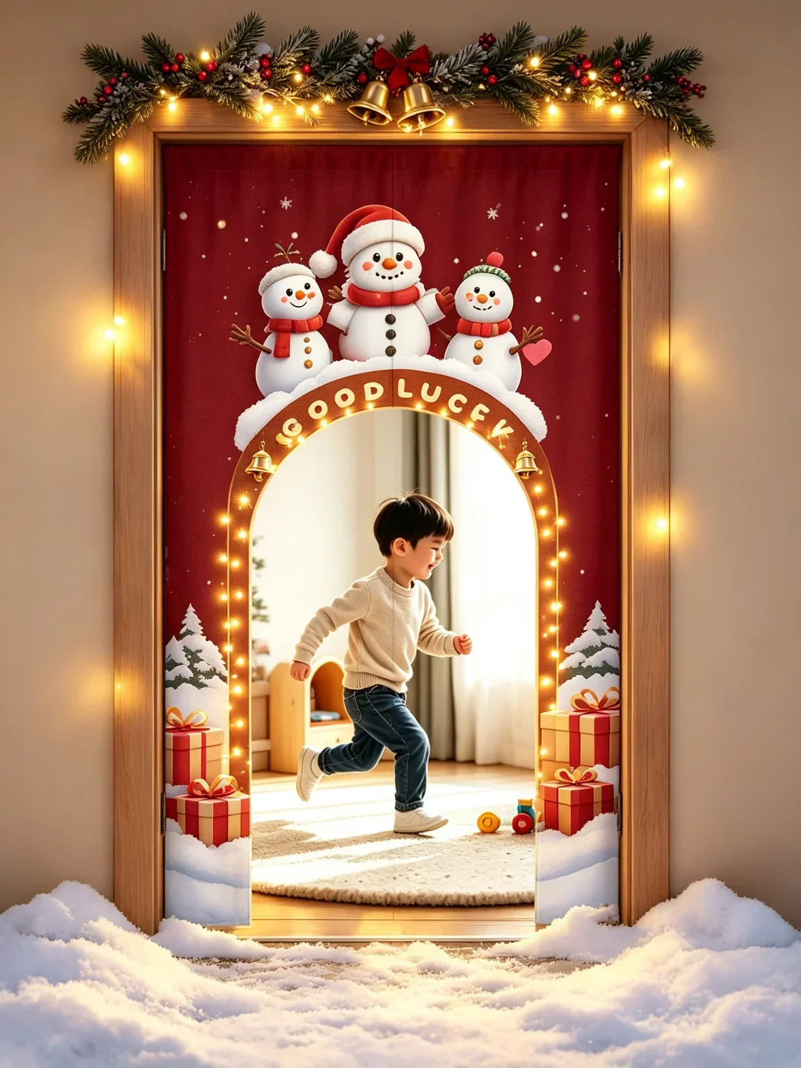 VIKAMA Snowman Family Arched Half Door Curtain Christmas Kids Room Cotton Linen Short Curtain Privacy Partition Home Decor