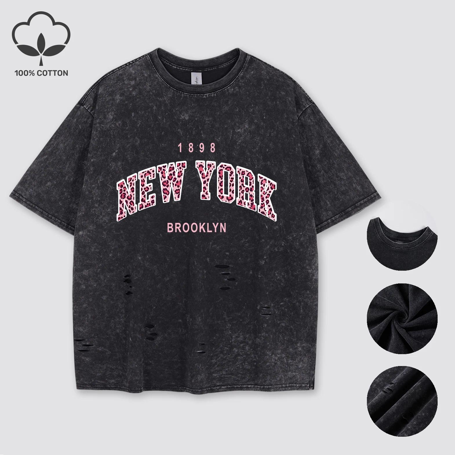 

Pink Leopard Print New York Snow Wash Holes T-Shirt Womens Soft Loose Tee Unisex Creative Cotton New Tops Trendy Clothes