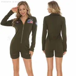 Women Adult Army Green Military Pilot Jumpsuit Halloween Role Play Uniform Cosplay American Military Scouting Bodysuit Dress Up
