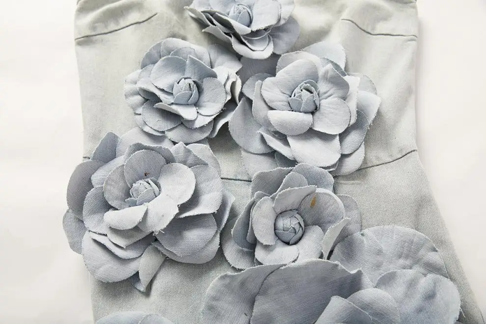 Franse stijl sexy modieuze zware borduurwerk bloemen strapless denim gewassen bell bottom eendelige broek hoge taille jeans