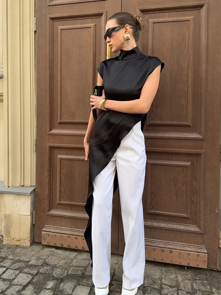 XIAOTANG Abito lungo sexy senza maniche irregolare per le donne Moda elegante dolcevita in raso solido Abiti lunghi slim Donna 2025