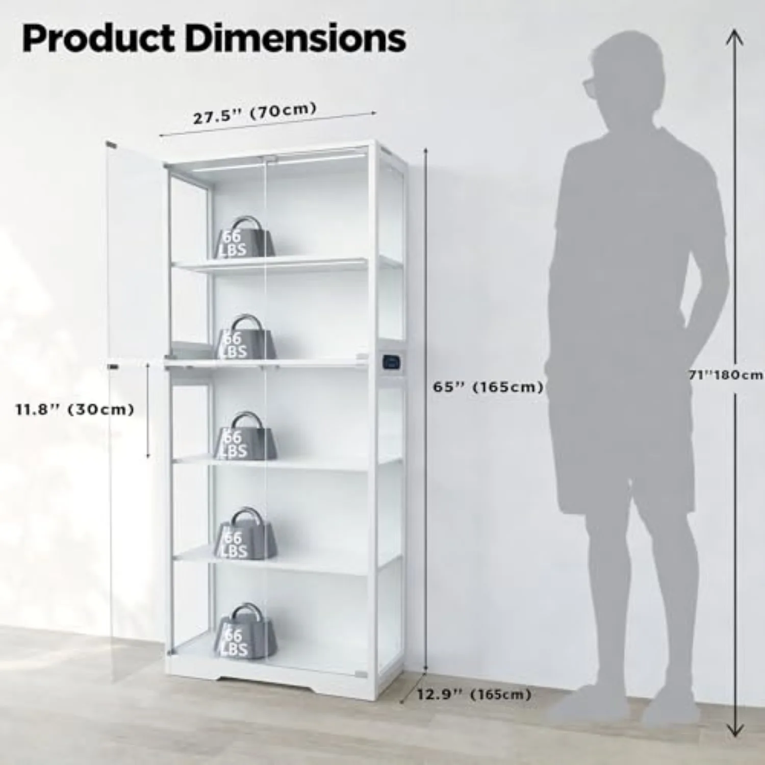 Glass Display Cabinet, 5-Tier Curio Cabinet with Glass Doors, Dimming LED Lights & Motion Sensor, for Collectible
