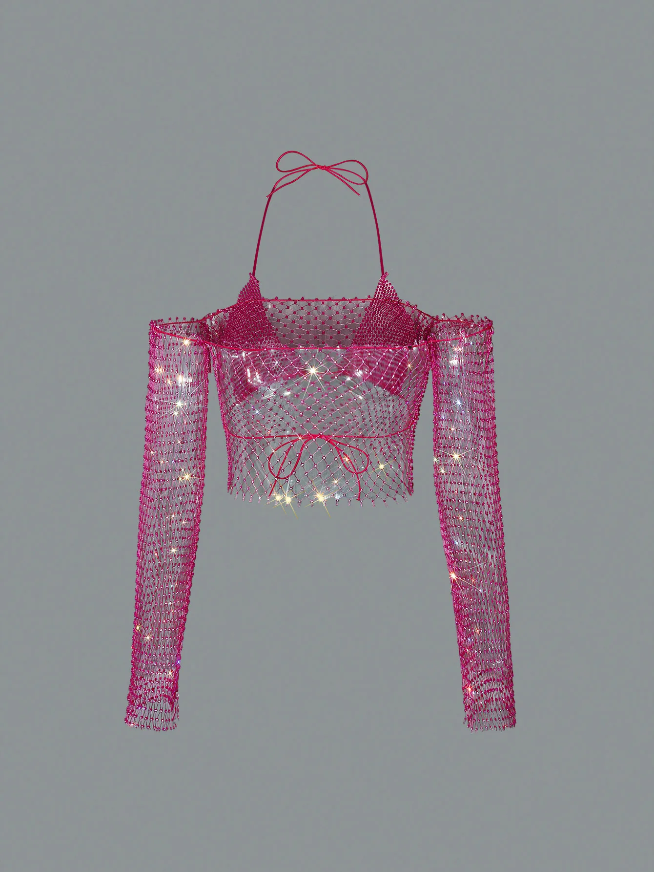 Women Sling Top 2 Piece Set Sexy Halter Neck Bra And Shiny Rhinestone See Through Mesh Off Shoulder T Short Beach Party Crop Top