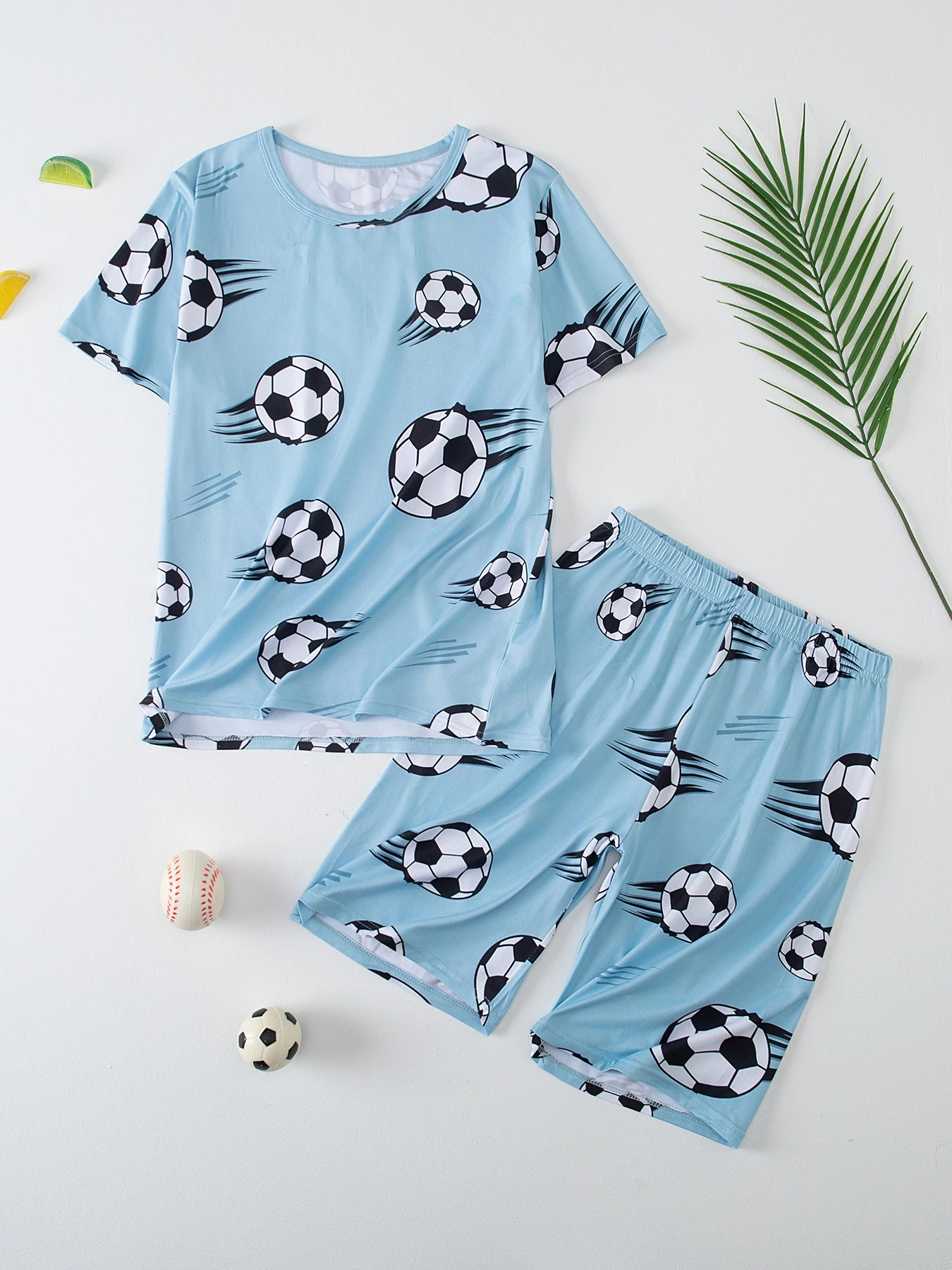 2-piece summer youth fashion printed casual short sleeved shorts set comfortable round neck home T-shirt shorts set for big boys