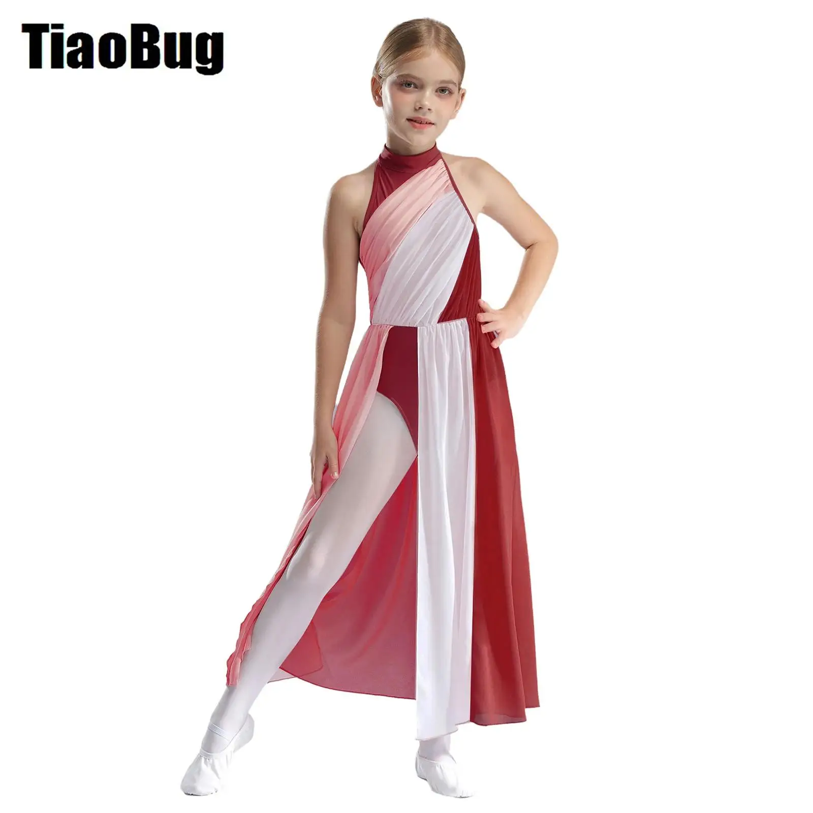 Kids Girls Modern Dance Dress Keyhole Back Split Dress Color Block Mock Neck Sleeveless Dress for Lyrical Performance