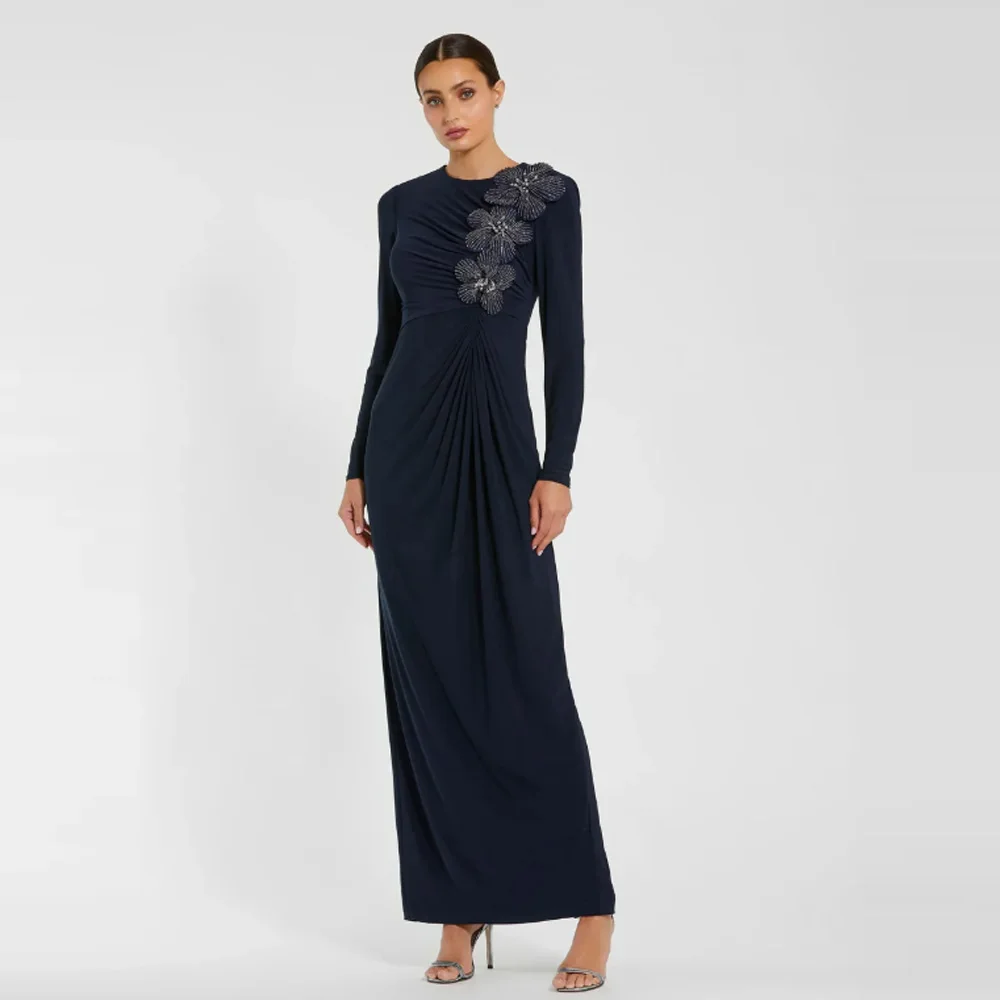 

Customized Simple Retro Jersey Pleat Flower Beading Straight High Collar Long Dresses Bespoke Occasion Dresses Exquisite Casual