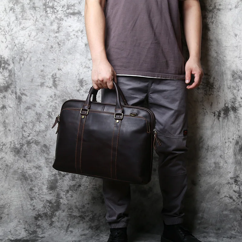 NZPJ Vintage handgefertigte Leder Herrenhandtasche Oberschicht Rindsleder Große Kapazität Business Computertasche Herren Schulter Diagonaltasche – Detail 4